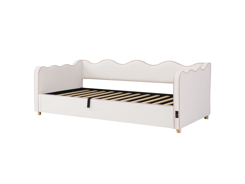  Canapé-lit 90 x 200 cm rangement hydraulique lit rembourré banquette de jour prise usb intégrée dossier revêtement bouclé beige  - Conforama A