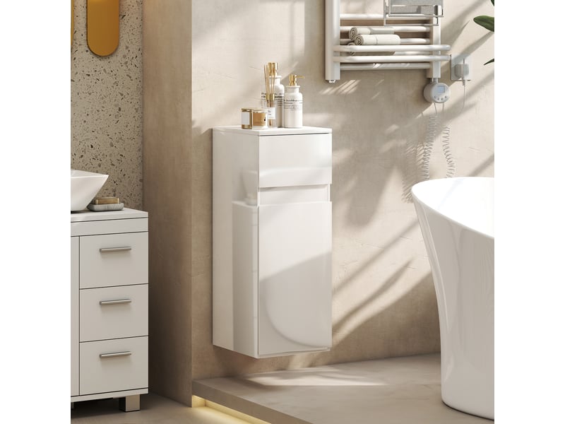  Meuble de salle de bain suspendu blanc brillant avec tiroir et étagère réglable  - Conforama C