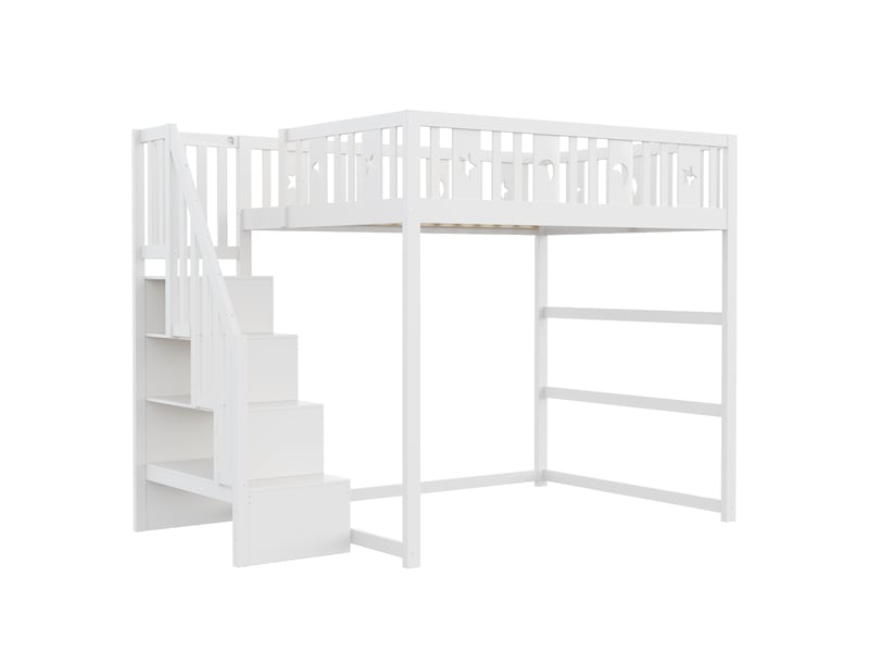  Lit superposé 140x200 blanc en bois massif avec échelle et garde-corps, décor étoiles et lunes – sans matelas  - Conforama A