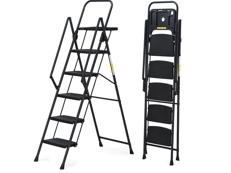  Escabeau pliant 5 marches 110x54x174 cm noir, acier q235 avec plateau à outils amovible  - Conforama A