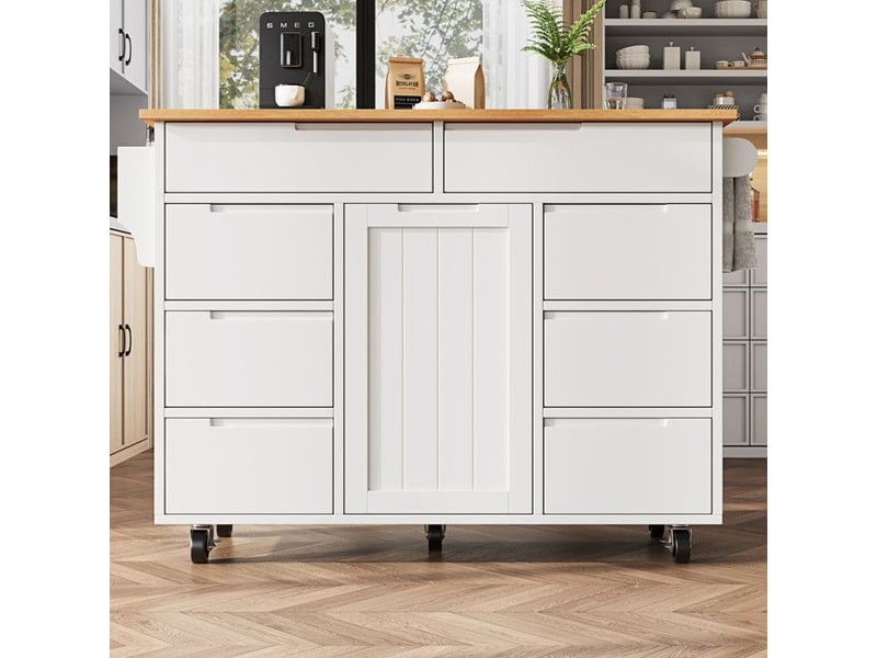  Desserte cuisine blanc moderne - 8 tiroirs + plateau extensible (46-74.5cm), roues freinées | rangement xxl | 122cm | 60kg de charge  - Conforama E