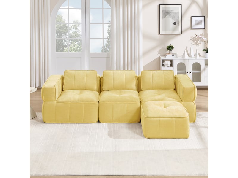 Canapé modulable, canapé 3 places, en tissu, jaune, avec pouf, pour salon, mobilier pour espace de vie, adapté à l'espace de vie - Conforama C