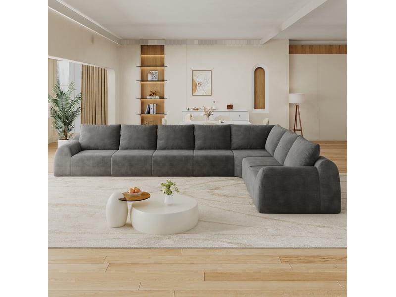 Canapé d'angle 7 places compressé en mousse haute élasticité sans montage, en chenille gris foncé  - Conforama D