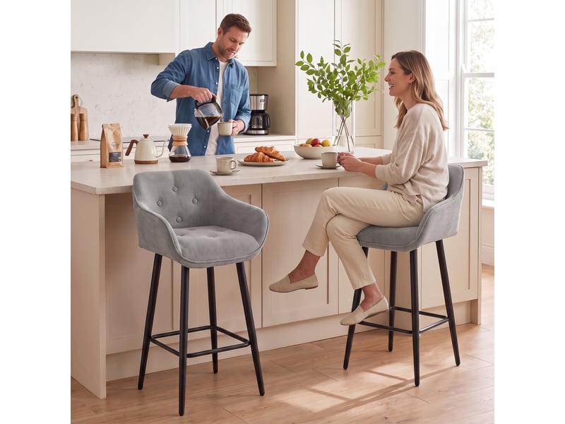  Lot de 2 tabourets de bar, chaises de bar rembourrées en chenille, assise large 67h cm, dossier et repose-pieds, gris  - Conforama C