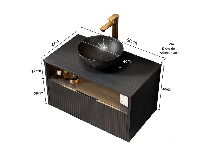  Meuble sous vasque suspendu avec tiroir, niche ouverte et led à détection pour salle de bain, 80×46×60,8 cm, noir  - Conforama D