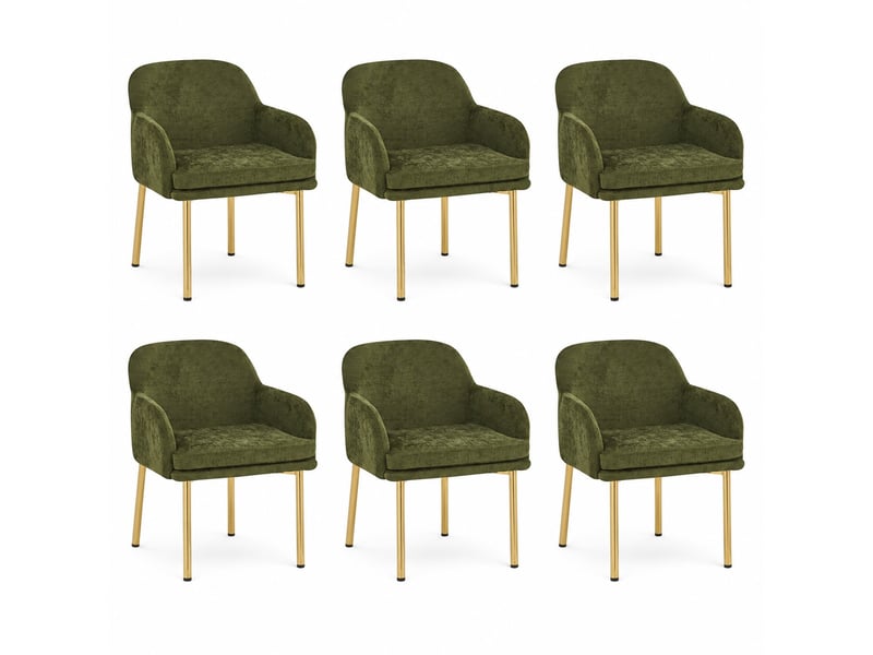 Lot de 6 chaises de salle à manger vertes avec accoudoirs, dossier ergonomique, pieds métal doré, patins réglables, charge 125 kg, modernes - Conforama A