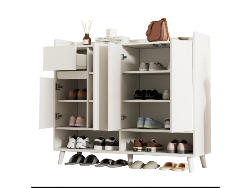  Meuble à chaussures blanc 120 x 35 x 99 cm, 4 portes, 1 tiroir, étagère réglable, meuble de rangement moderne  - Conforama D