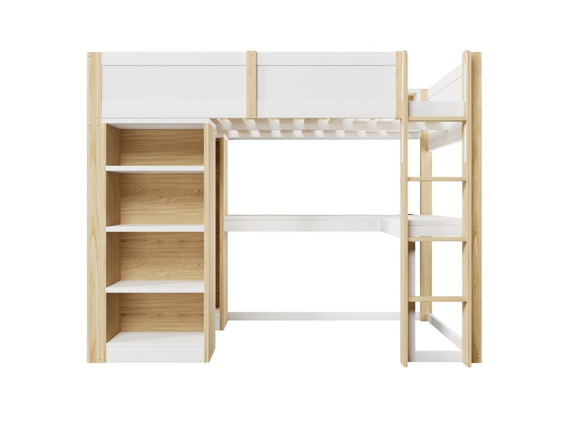  Lit mezzanine (140 x 200 cm) équipé de quatre étagères, d'un bureau en l sous le lit, d'une armoire et de compartiments de rangement supérieurs, coloris blanc et bois naturel.  - Conforama D
