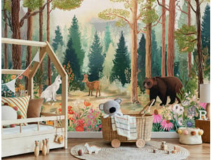 Papier peint panoramique intissé forêt animaux vert - 250x175 cm - papier peint enfant