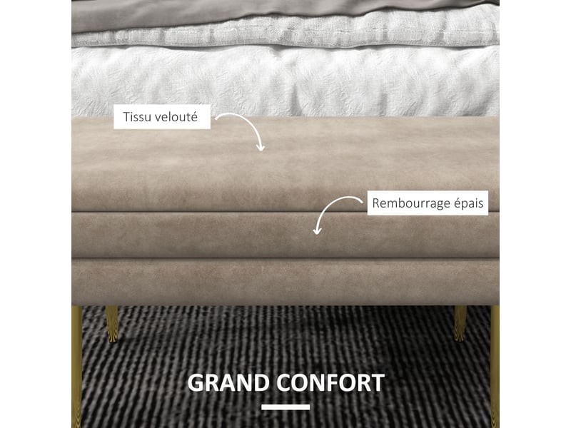  Banc banquette coffre de rangement 2 en 1 assise aspect velours et pieds acier - beige et doré 79,5l x 37,5p x 43h cm  - Conforama A