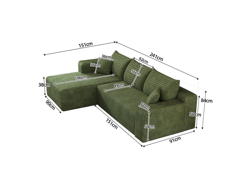  Canapé d'angle 3 places 241 cm en velours côtelé vert, style design sans montage, idéal pour le salon  - Conforama C
