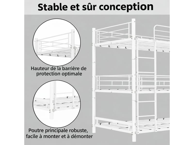 Lit superposé triple 90 x 190 cm en métal avec échelle intégrée et barrières de sécurité - Conforama W