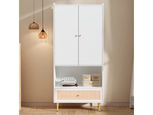 Armoire blanche 2 portes avec grand tiroir en rotin et barre de penderie, 80x48x175 cm, pour chambre et salon