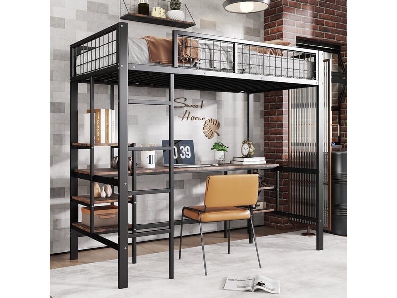  Lit mezzanine 90x200 cm, lit surélevé avec bureau et étagère pour enfant et adolescent, structure en métal et bois avec échelle 4 marches, noir  - Conforama B