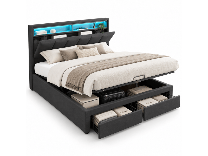  Lit 2 personnes rembourré 140x190 cm avec lumières led - 2 tiroirs - rangement de chevet - cadre de lit coffre hydraulique - lit double  avec sommier à lattes et tête de lit capitonné - 2 places - simple - lin gris - sans matela…  - Conforama A