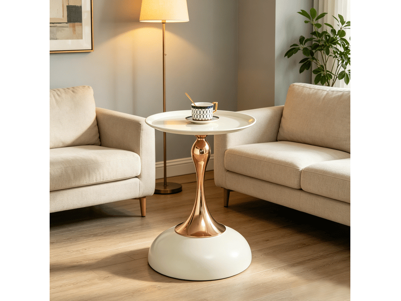 Table basse fixe ronde avec plateau et piètement en métal, format compact, pour salon ou chambre, blanc et doré - Conforama B