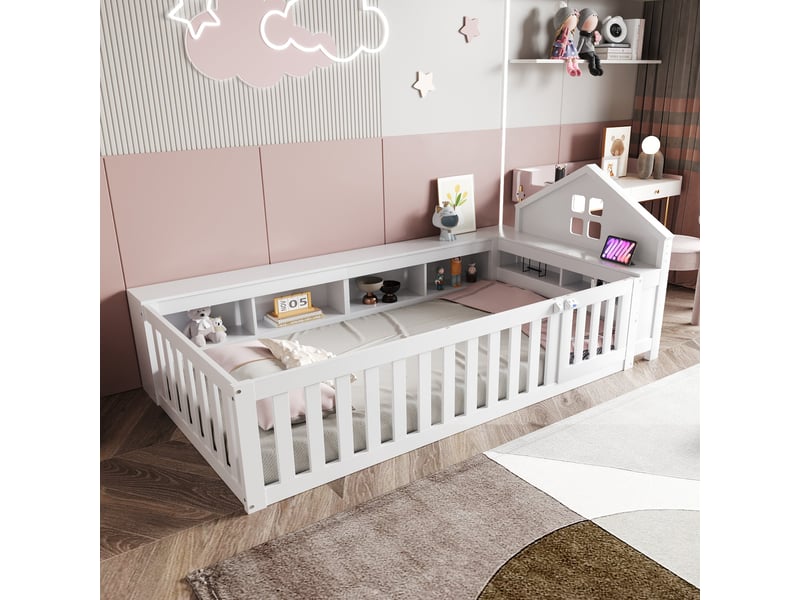 Lit enfant avec rangement 90x200 cm, barrière de sécurité, bois massif blanc, avec sommier - Conforama D