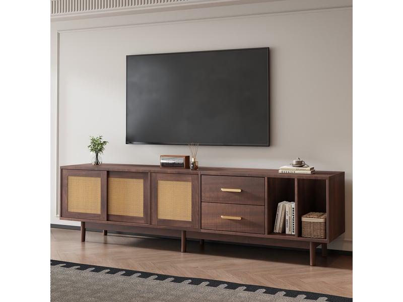  Meuble tv 190 cm rotin marron pour écran 75 pouces, 3 portes et 2 tiroirs, 6 pieds stables  - Conforama D