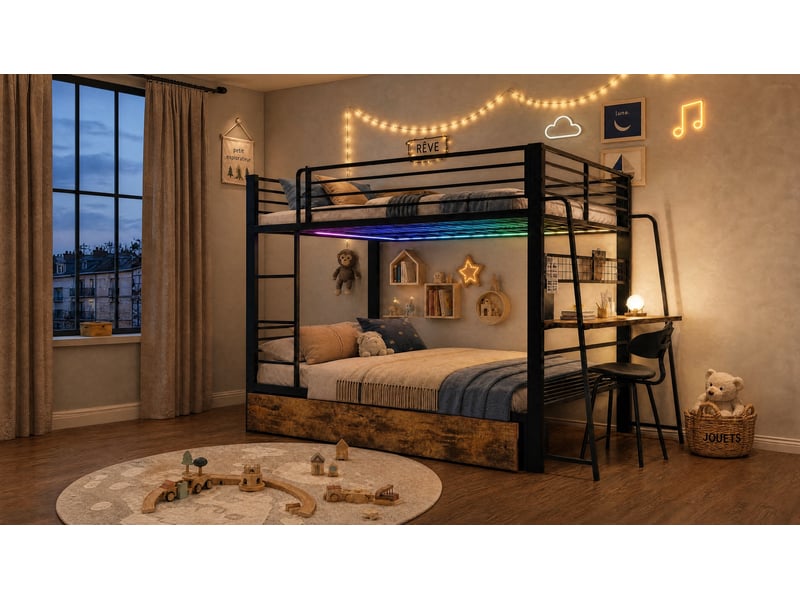  Lit mezzanine 140x200 cm noir en métal et mdf avec bureau, 2 tiroirs, led rgb et prises, sans matelas  - Conforama B