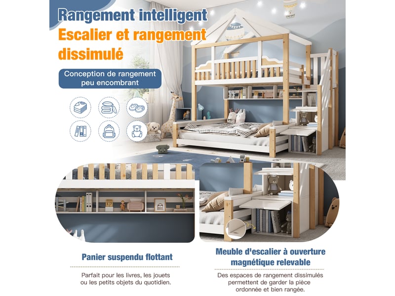  Lit superposé enfant 90×200 + 140×200 cm maison en bois avec toit diamant, escalier coffre, étagères murales et sommier - blanc et bois naturel  - Conforama D