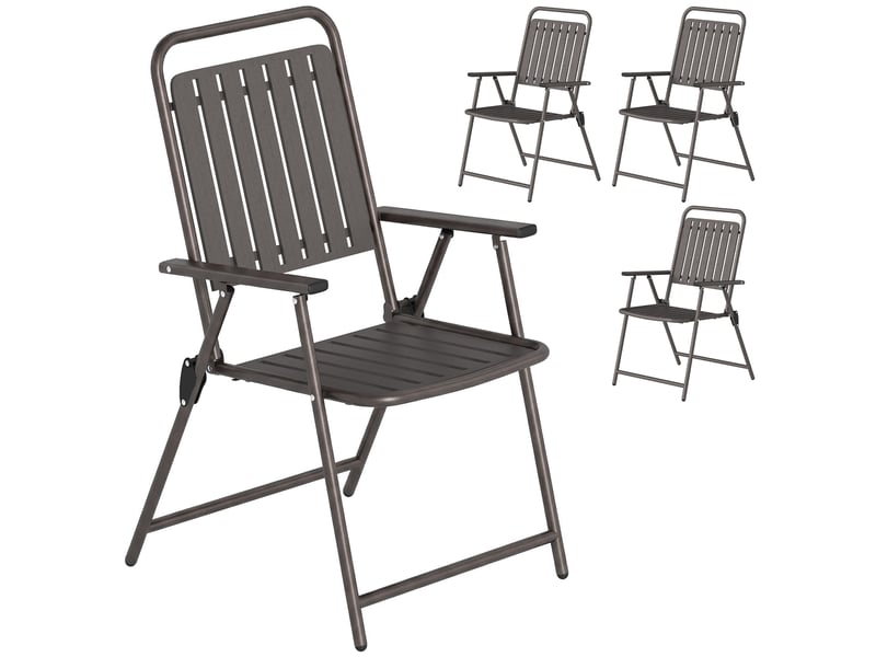  Ensemble de 4 chaises de jardin pliantes avec accoudoirs, dossier et assise, structure en métal, 55 x 63 x 93 cm, marron  - Conforama A