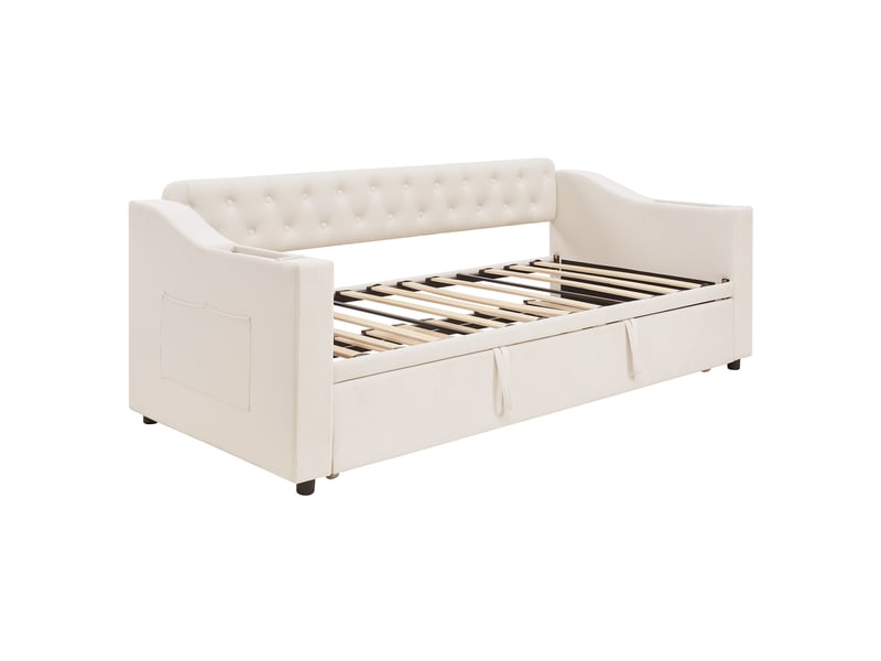 Canapé-lit 90x190 cm convertible en 180x190 cm avec usb, velours, beige, sans matelas - Conforama R