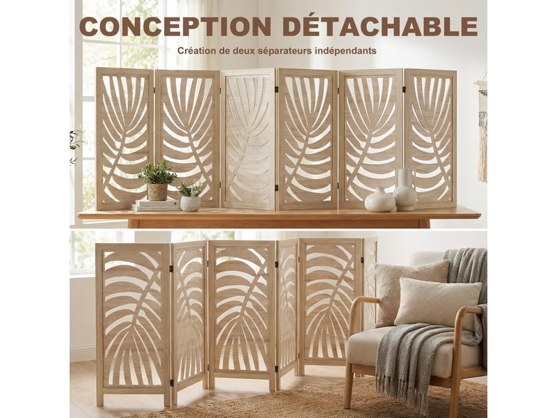  Paravent interieur en bois 6 panneaux 240 x 170 cm, pliable et portable, motif de feuille, bois naturel, design amovible  - Conforama A