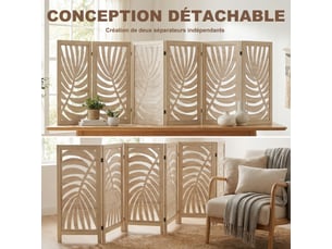 Paravent interieur en bois 6 panneaux 240 x 170 cm, pliable et portable, motif de feuille, bois naturel, design amovible