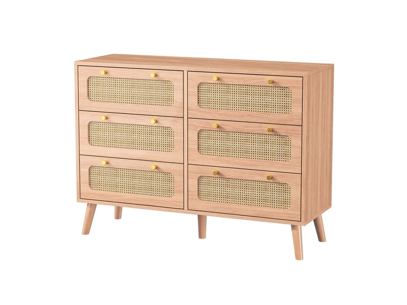 Commode 100 cm effet rotin, 6 tiroirs, commode chambre, meuble de rangement, style scandinave, chêne clair - Conforama A