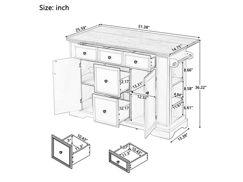 Îlot de cuisine 130,5x40-65x92 cm, plan rabattable, prises, desserte, 5 tiroirs, rangement, meuble cuisine, mdf noir  - Conforama C