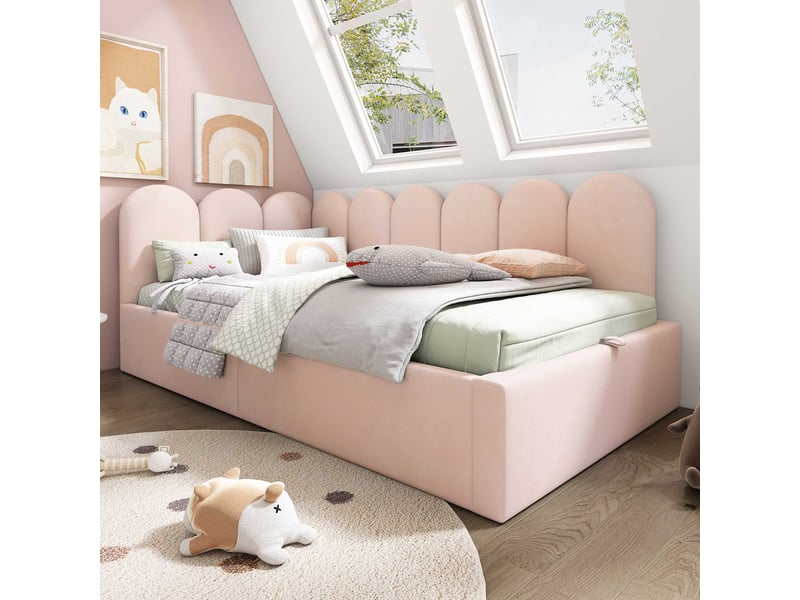  Lit banquette coffre 90x200 cm, rangement hydraulique, sommier relevable, dossier en l, velours rose C-DEGAYUN - Conforama B