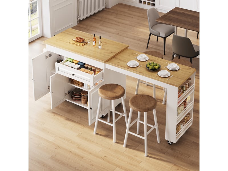  Îlot de cuisine extensible 131-216x55x90 cm avec tiroir, rangement caché et rangements latéraux, table repas - blanc  - Conforama B