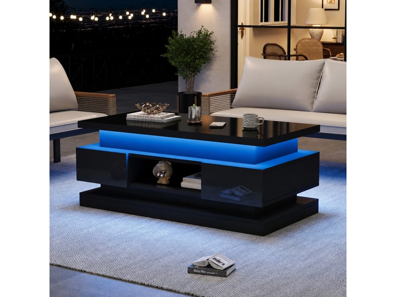  Table basse relevable 100 x 50 cm, 2 tiroirs, rangement caché et éclairage led, noir  - Conforama D