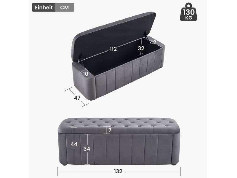  Banc coffre 132x47x44 cm en velours gris foncé  - Conforama C