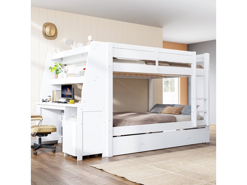 Lit superposé 2 places 140x200 cm - avec bureau, armoire, étagères et 2 tiroirs - bois blanc - Conforama R