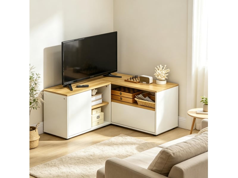  Meuble tv d’angle en l 90 x 90 cm, 5 rangements avec 2 portes, blanc et bois clair  - Conforama B