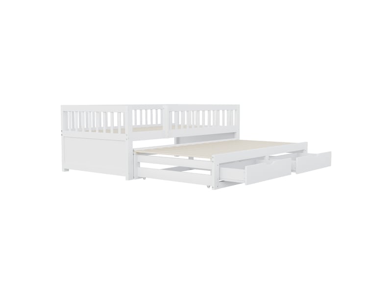  Lit banquette avec lit gigogne et 2 tiroirs, bois massif blanc, 90x200 cm, barrières et sommier  - Conforama E