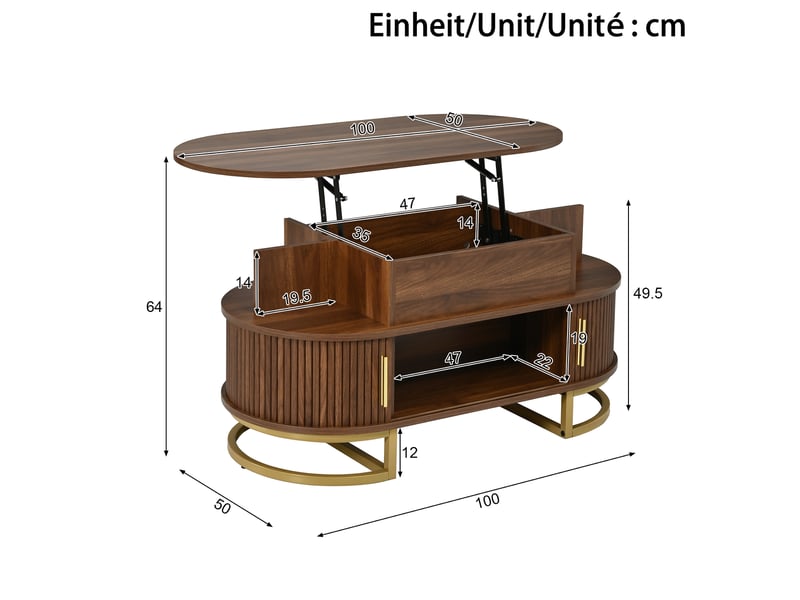  Table basse ovale, réglable en hauteur, en mdf, avec rangement et porte coulissante. Structure en tube d'acier et poignée en alliage de zinc.  - Conforama C