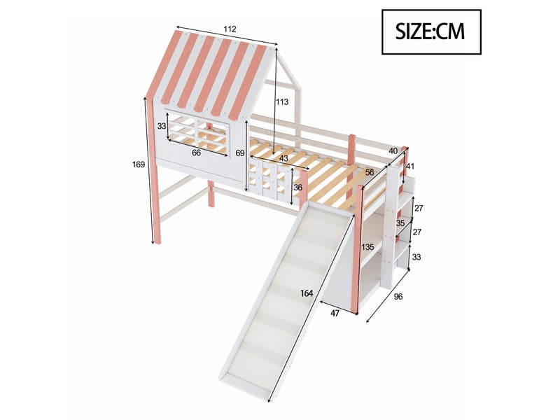 Lit mezzanine enfant 200×90 cm avec toboggan, échelle, rangements et espace de jeu, sans matelas, rose et vert - Conforama D