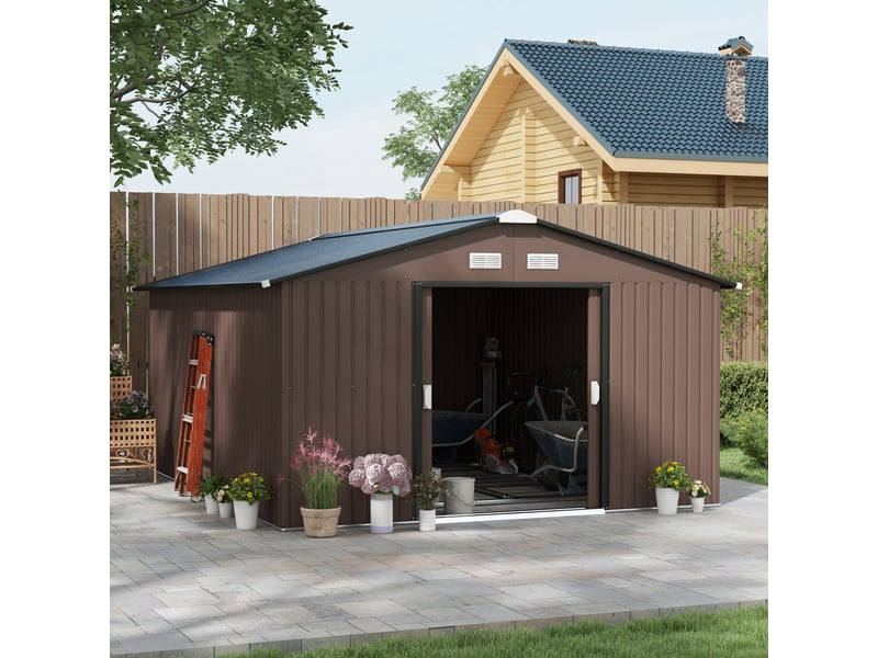  Abri de jardin en acier galvanisé marron à portes coulissantes, 340 x 386 x 200 cm  - Conforama E