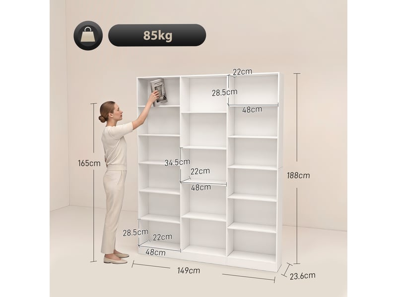  Bibliothèque gain de place à 17 compartiments, 149 x 23,6 x 188 cm, blanche  - Conforama E