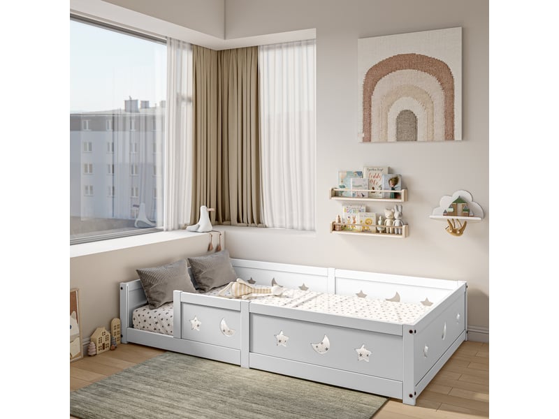  Feeohome lit enfant 140x200 cm, lit pour enfants aver barrière et sommier à lattes, lit montessori, lits au sol bébés en bois massif pin, pour enfants et bébés  - Conforama E