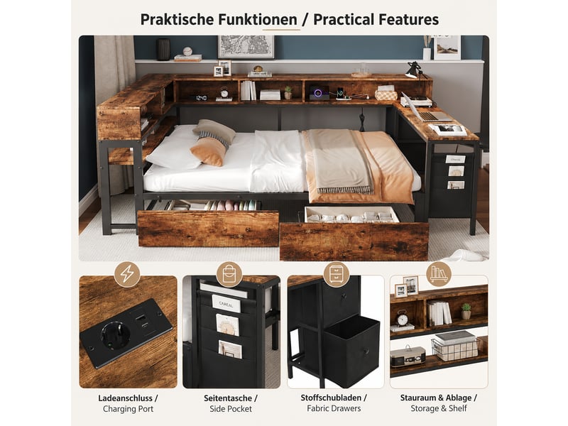  Lit métal 120x200 cm, 2 tiroirs, rangements intégrés, prise usb, table de chevet, noir, sans matelas  - Conforama E