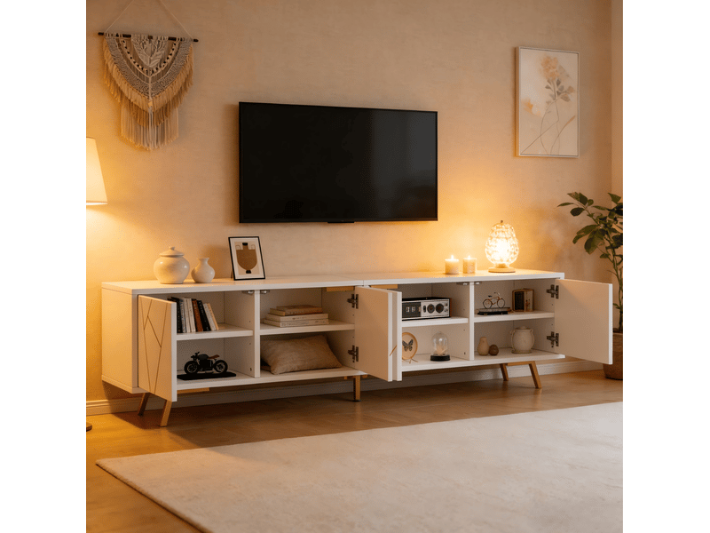  Meuble tv avec 4 portes et 8 compartiments, 5 pieds en métal, blanc et doré pour salon, 190 x 40 x 51,5 cm  - Conforama D