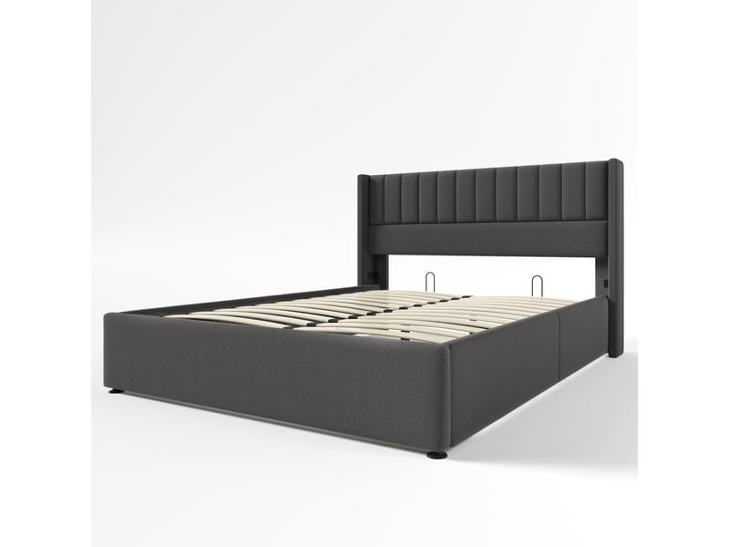  Lit coffre double 160x200 cm, sans tissu en fond, sommier à lattes, design moderne, en lin gris, matelas inclus  - Conforama A