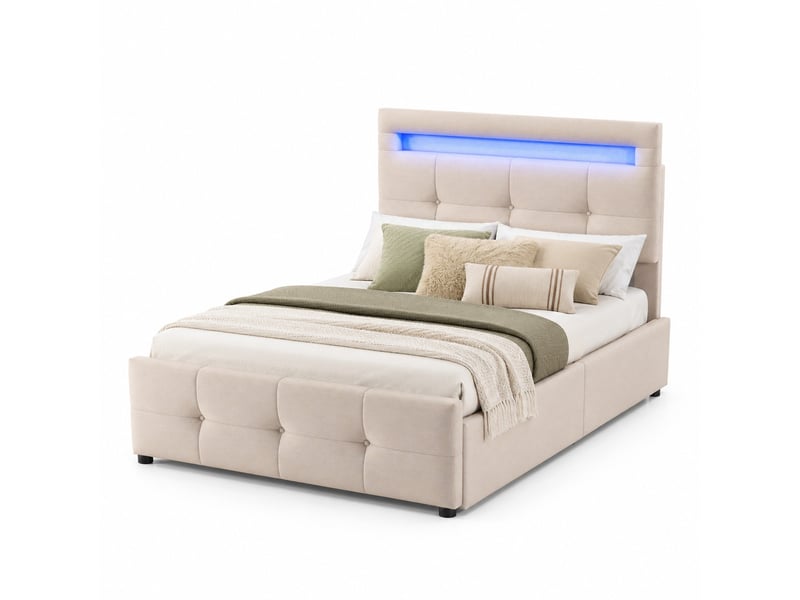  Lit avec tiroirs 1 place 90×200 cm, 2 tiroirs, led et tête réglable, rembourré, beige, sans matelas  - Conforama A