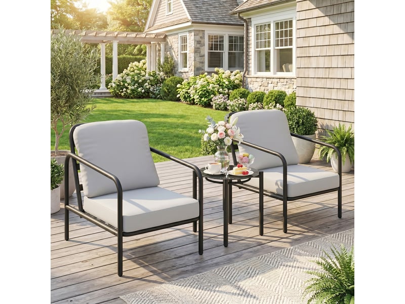 Ensemble bistro en acier 3 pièces avec 2 chaises à coussins épais et table basse avec plateau en verre trempé noir - Conforama C
