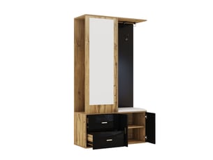 Ensemble vestiaire noir et bois avec miroir, meuble à chaussures, banc, crochets et tringles coulissantes