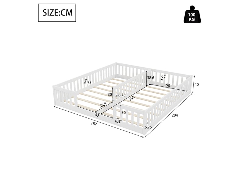 Lit enfant à 2 couchages de 90x200 cm avec barrières et sommiers à lattes, blanc - Conforama E