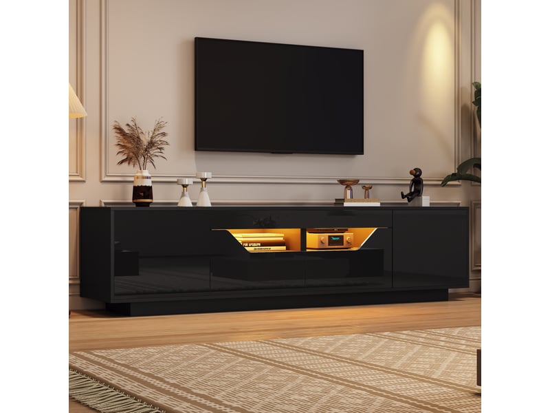  Meuble tv led avec 2 portes, 2 tiroirs et 2 niches semi-ouvertes, finition brillante, pour salon, 180 × 40 × 45 cm  - Conforama D